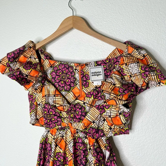 Autumn Adeigbo Cut Out Midi Chioma Ruffle Dress in Orange Base African Floral - Picture 7 of 11